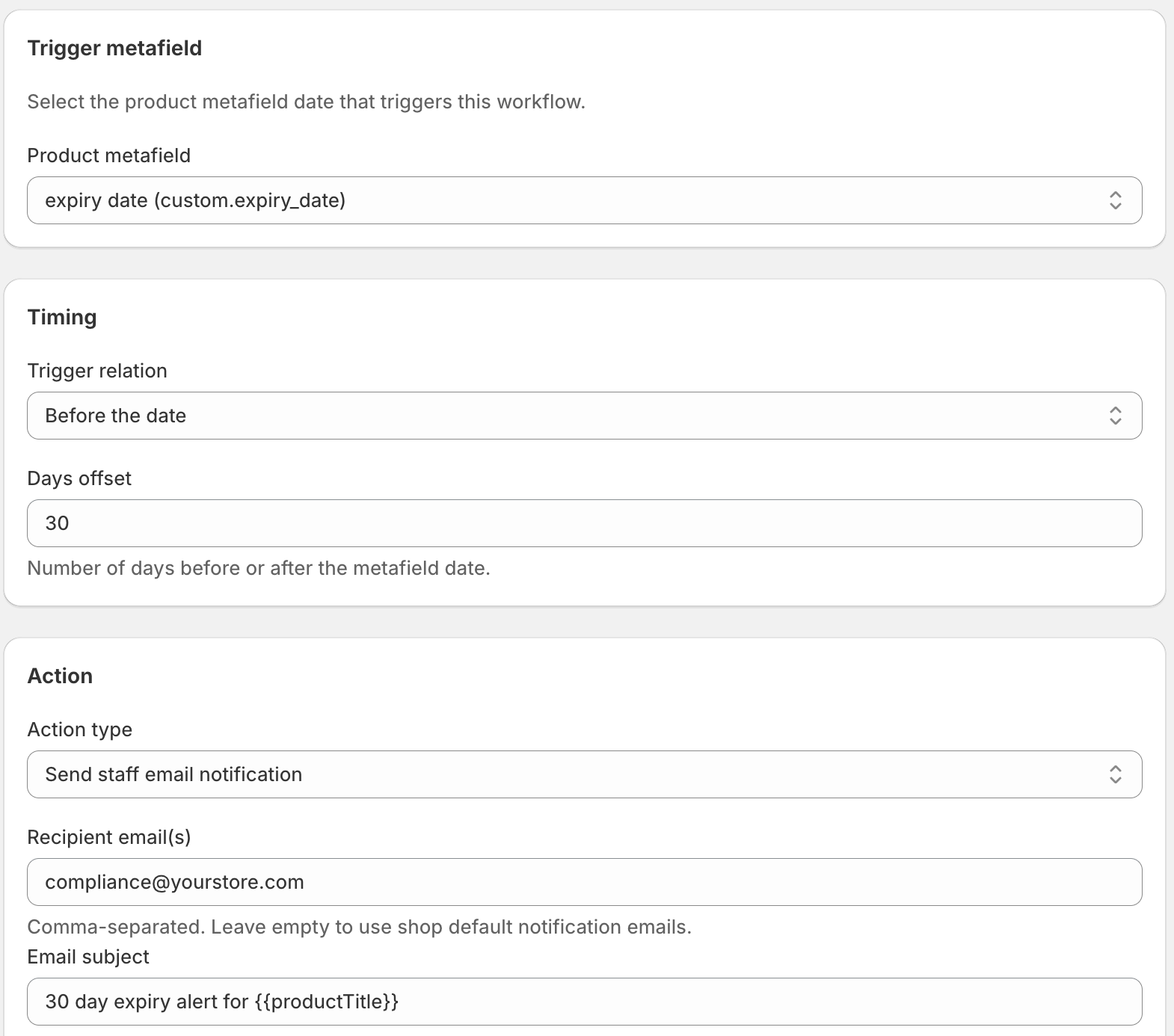 DateCue workflow editor configured for a pre-launch staff email