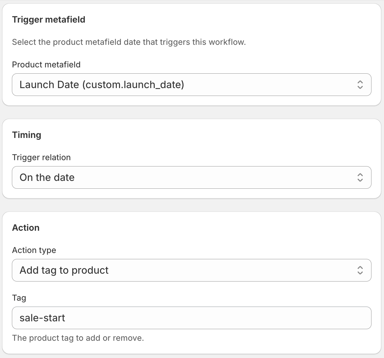 Editor de flujos de trabajo de DateCue configurado para eliminar la etiqueta new-arrival