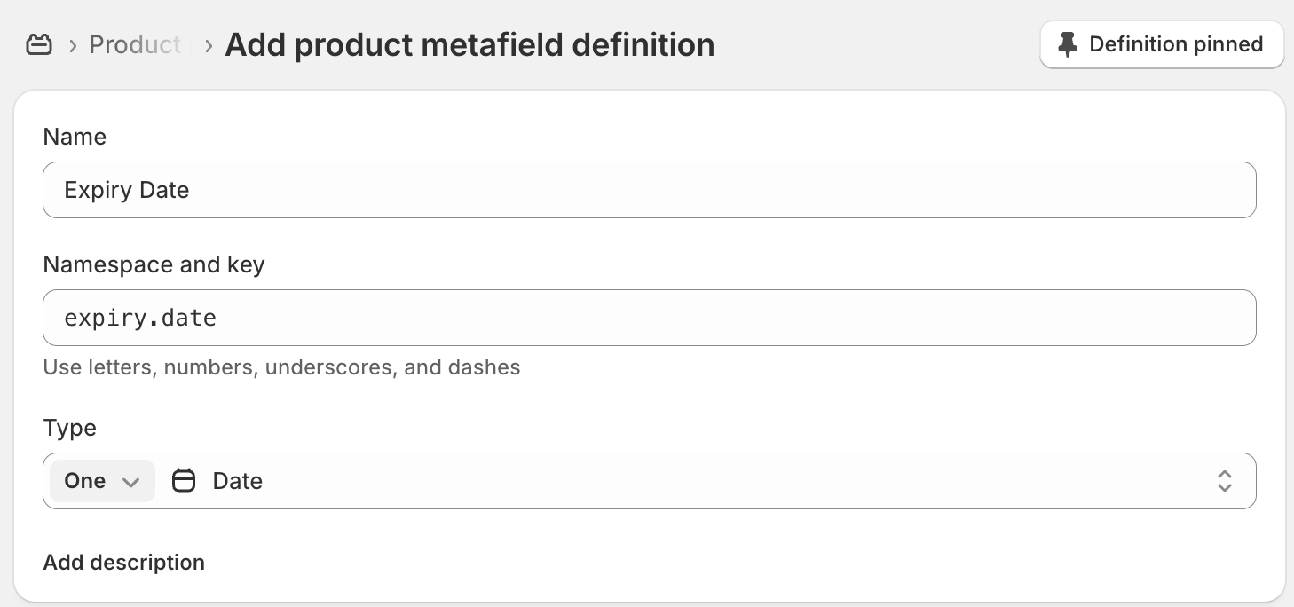 Creating a metafield definition in Shopify admin